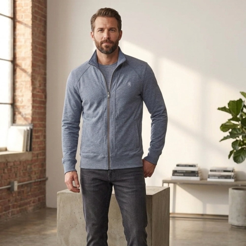 EXPRESS Mens Full Zip Sweater Small  Blue Grey Mock Neck Lion Logo Track Jacket